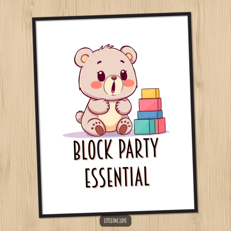 Funny baby bear poster, surprised expression at a tall stack of building blocks, hilarious wall art, cute and comical animal.