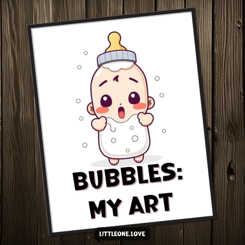 Funny poster featuring a surprised baby bottle character bubbling over with milk, perfect nursery or home decor.