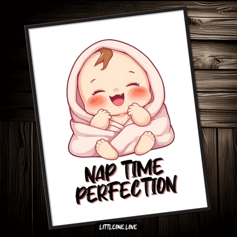 Funny poster print of a chubby baby character gurgling with delight, wrapped in cozy, soft blankets. Adorable nursery decor.