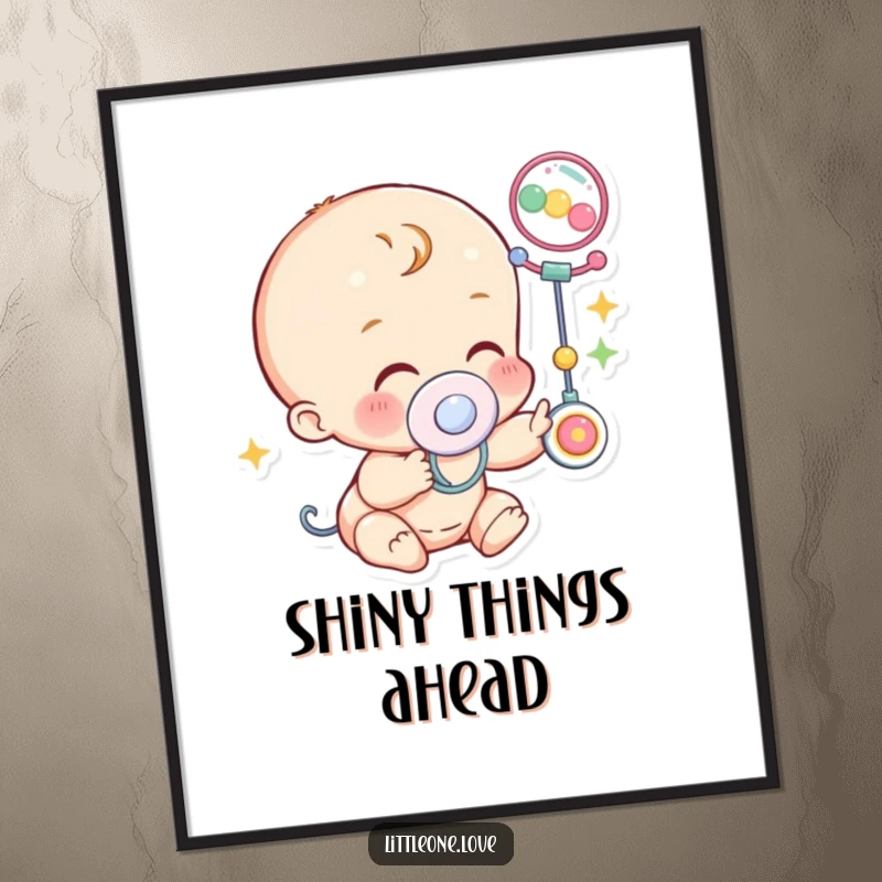 Funny Poster: A little character with a pacifier giggles with delight while reaching towards a stimulating, colorful baby mobile.