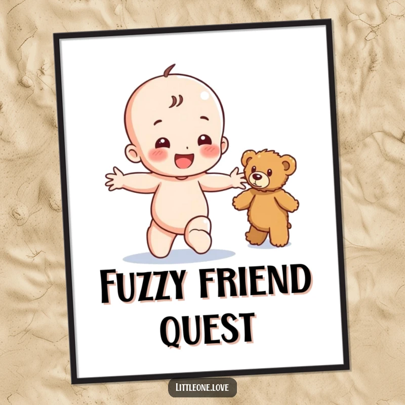 Funny poster depicting a happy baby character toddling with arms outstretched towards a fuzzy teddy bear, capturing childhood delight.