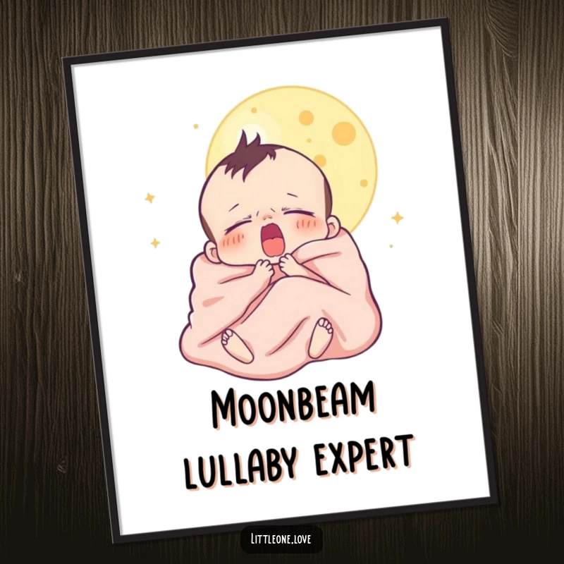 Funny poster featuring a sleepy baby character yawning under a moon, wrapped in a blanket, creating a serene yet humorous wall art piece.