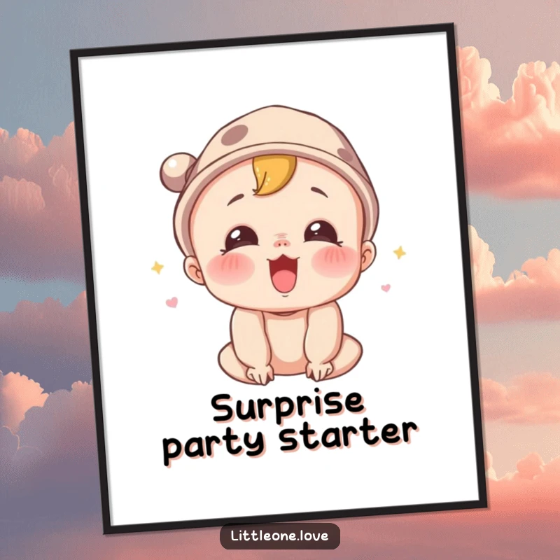 Funny poster depicting a surprised baby character in a tiny hat, letting out a joyful squeal, ideal for uplifting wall art.