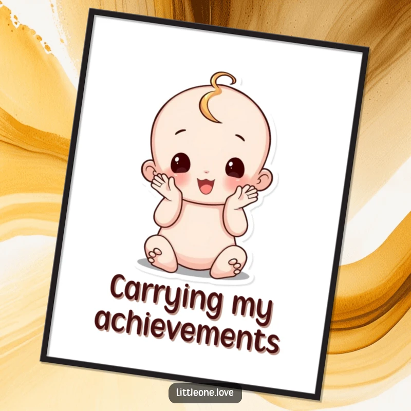 Funny wobbly baby poster, sitting up and clapping hands, celebrating milestones, heartwarming and humorous wall art.