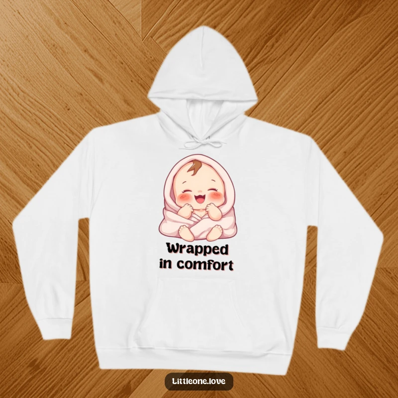 Funny hoodie featuring a chubby baby character gurgling happily while wrapped in soft, warm blankets. Cozy and cute.