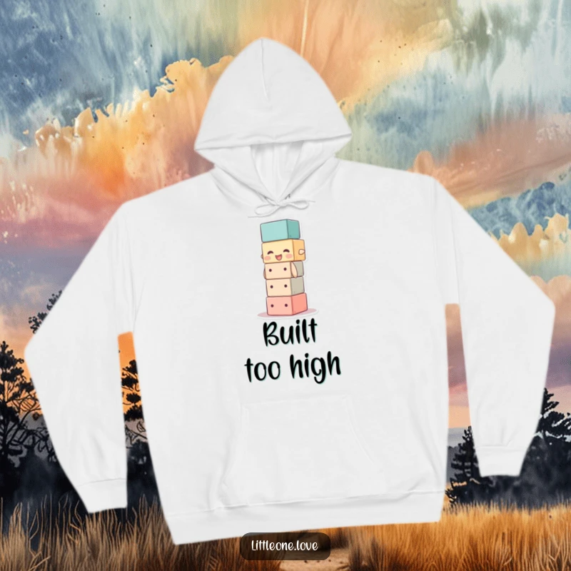 Funny and cozy hoodie featuring a baby block character stacking itself too high. Comfortable and humorous.