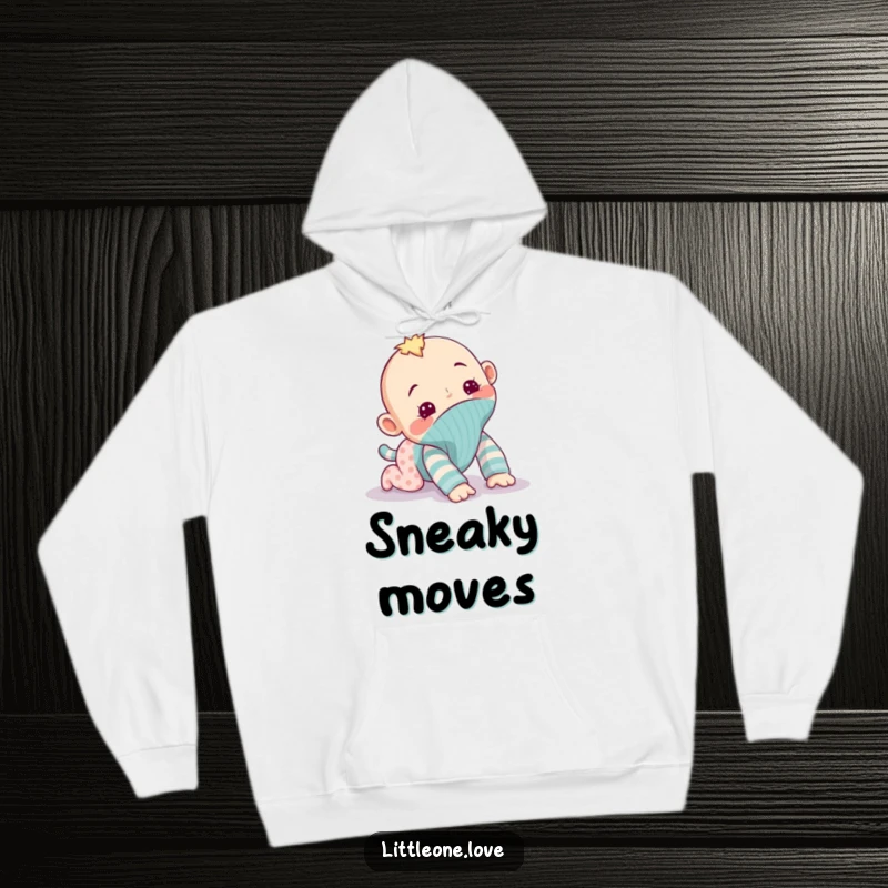 Funny hoodie with a mischievous baby sock puppet attempting to crawl away, offering cozy comfort and a dose of playful, escapist humor, ideal funny gift.
