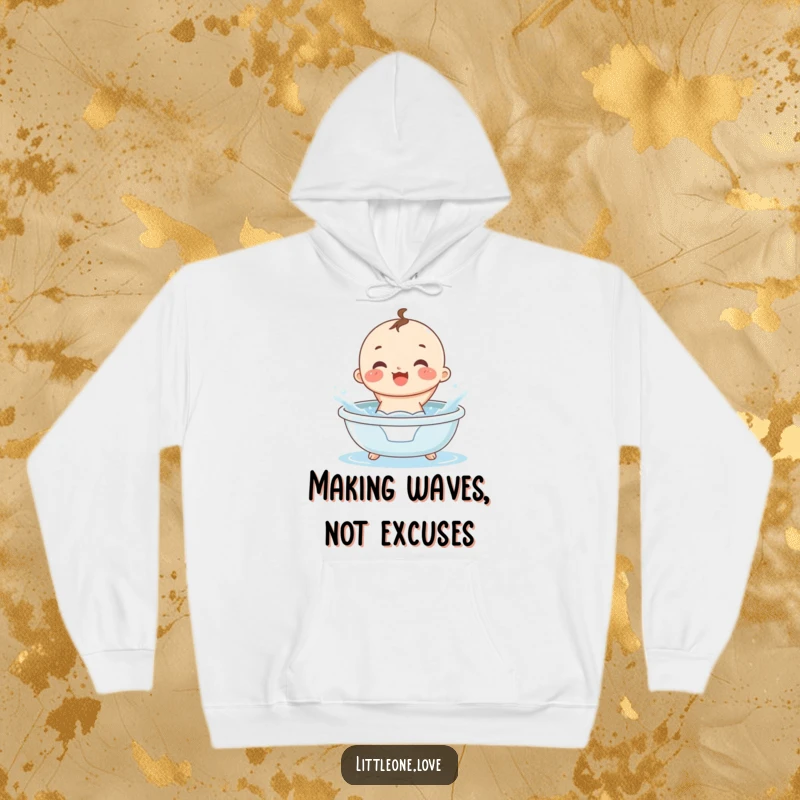 Funny round baby in a diaper gleefully splashing in a tiny tub, featured on a soft, warm hoodie.