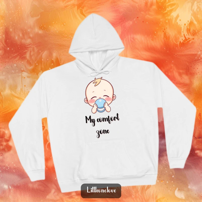 Funny sleepy baby with rosy cheeks peacefully holding a pacifier, featured on a warm, plush hoodie.