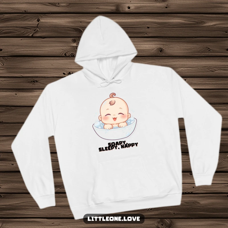 Funny Hoodie: A chubby baby character with droopy, sleepy eyes floats peacefully in a bath overflowing with cheerful bubbles.