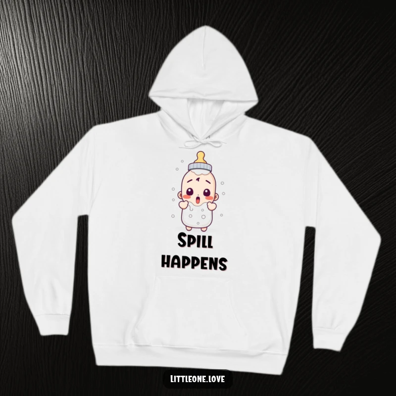 Funny hoodie with a surprised baby bottle character bubbling over, offering cozy comfort and humor. Great gift idea.