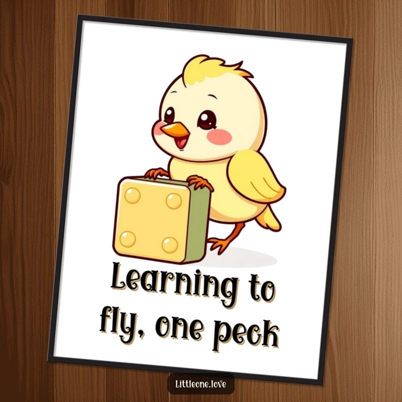 Funny free printable wall art of a cheerful baby bird pecking at a colorful block, looking adorable and curious.