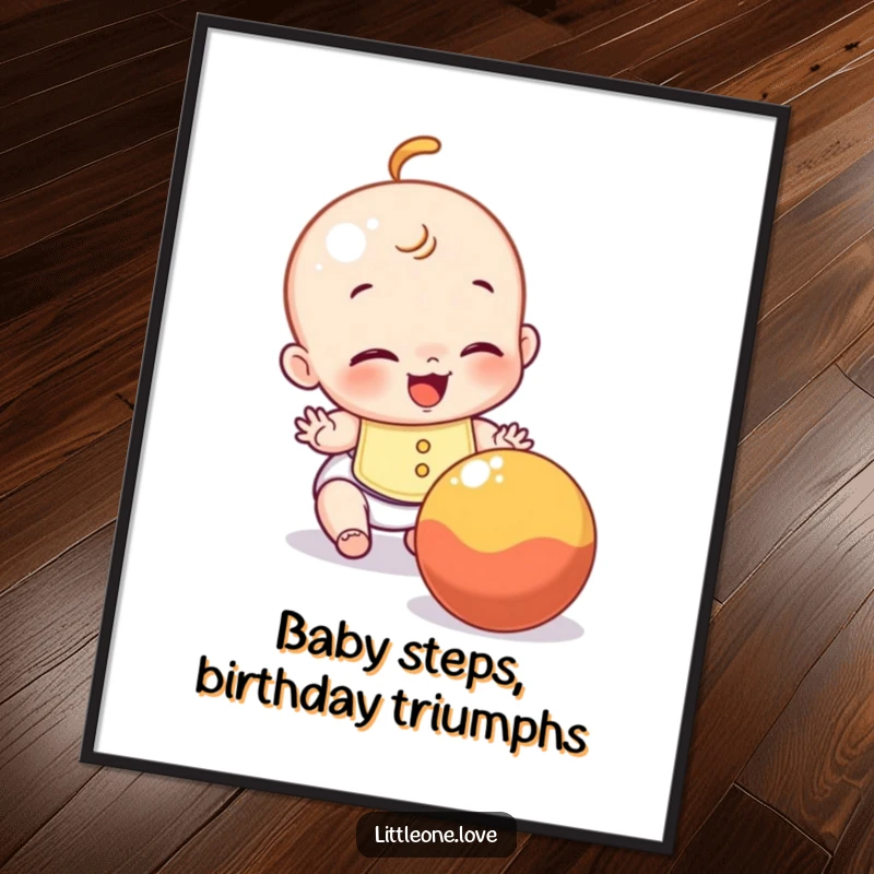 Funny Free Printable Wall Art: A baby with a bib giggles while gleefully trying to catch a rolling ball.