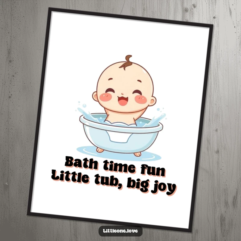 Funny Free Printable Wall Art: A small, round baby in a diaper gleefully splashes in a tiny tub, capturing pure happiness.