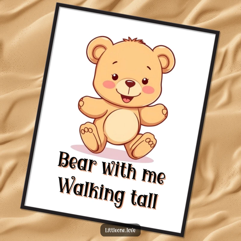 Cute Free Printable Wall Art: A happy teddy bear character taking its first wobbly steps, inspiring and sweet decor.