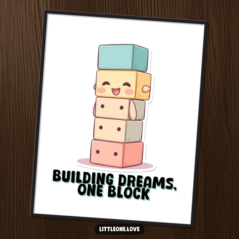 Funny free printable wall art: a cartoon baby block character stacking itself with delight, creating a tall tower.