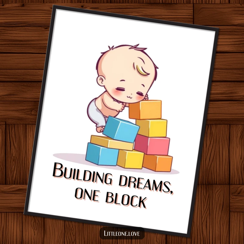 Funny Free Printable Wall Art: Small child attempting to stack colorful blocks that are tumbling down, a scene of playful learning.