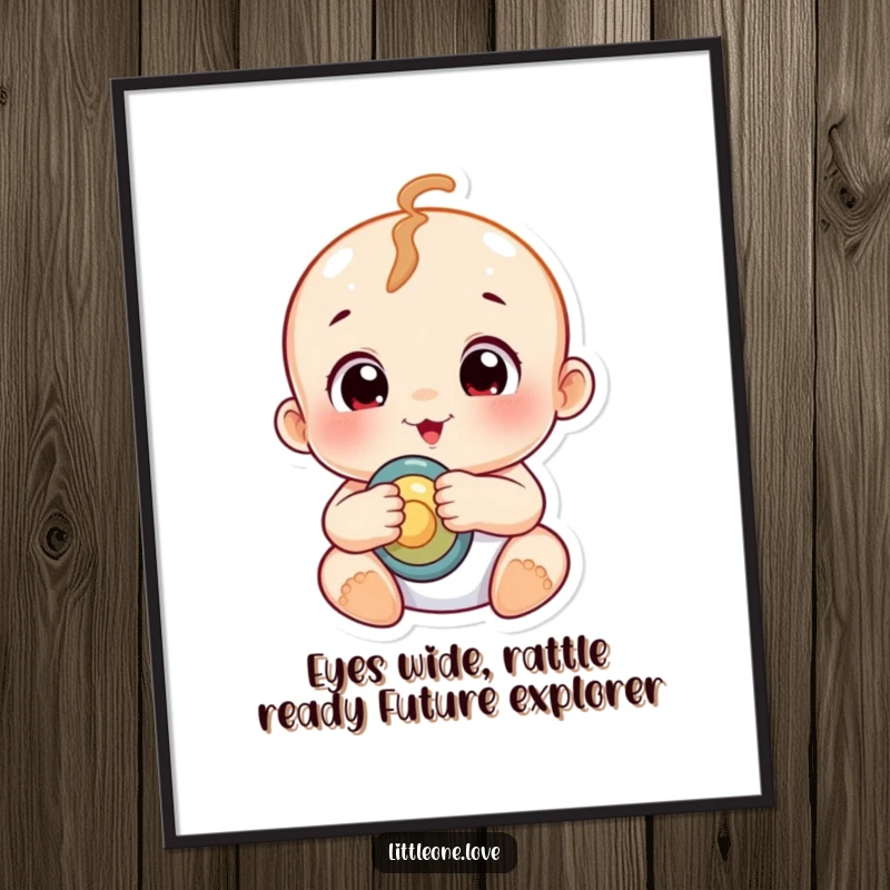 Funny Free Printable Wall Art: A chubby baby with wide, curious eyes playfully holds a rattle, bringing joy to any room.