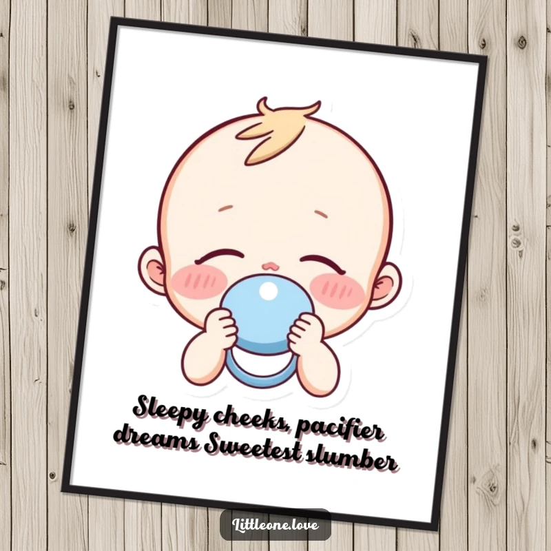 Funny Free Printable Wall Art: A sleepy baby with rosy cheeks holds a pacifier, radiating calm and sweet dreams.