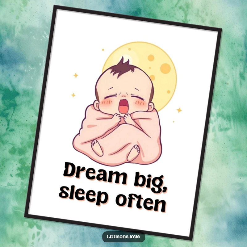 Funny Free Printable Wall Art: A sleepy baby wrapped in a blanket yawns under a serene moon, perfect for nursery decor.
