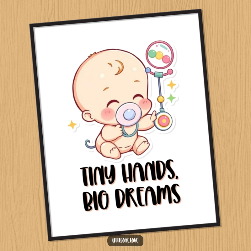 Free Printable Wall Art depicting a little character in a pacifier, giggling with joy while reaching for a vibrant, colorful mobile.