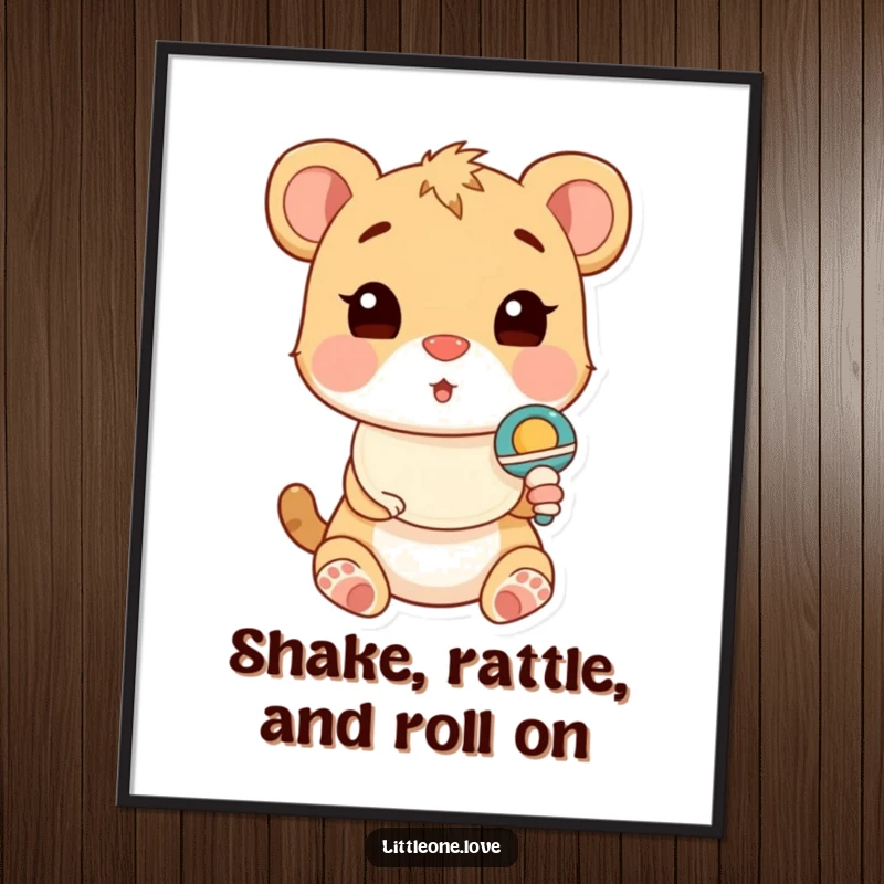 Funny Free Printable Wall Art: A sweet baby animal in a bib looks comically surprised by the presence of a brightly colored rattle.