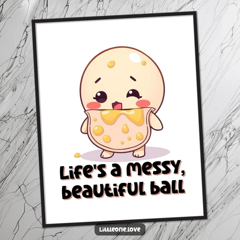 Funny Free Printable Wall Art: Bewildered rubber ball wearing a bib, covered head-to-toe in splattered baby food, in a comical mess.