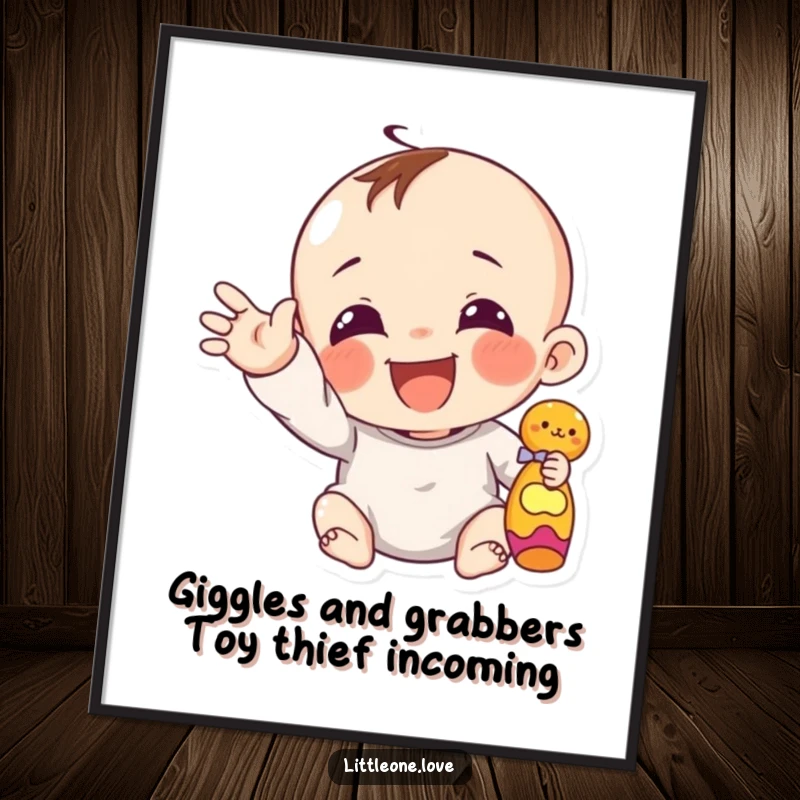 Funny Free Printable Wall Art: A giggling infant with a chubby hand reaches out for a toy, full of eagerness.
