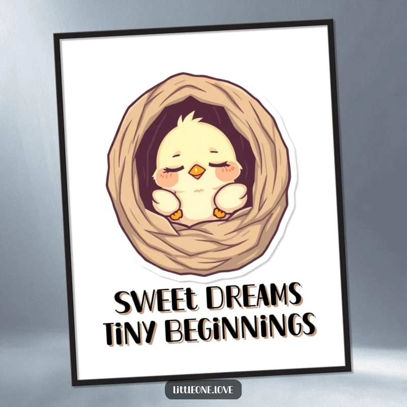 Cute Free Printable Wall Art: A tiny, sleepy baby bird peeking out from its soft nest, bringing peaceful charm to decor.