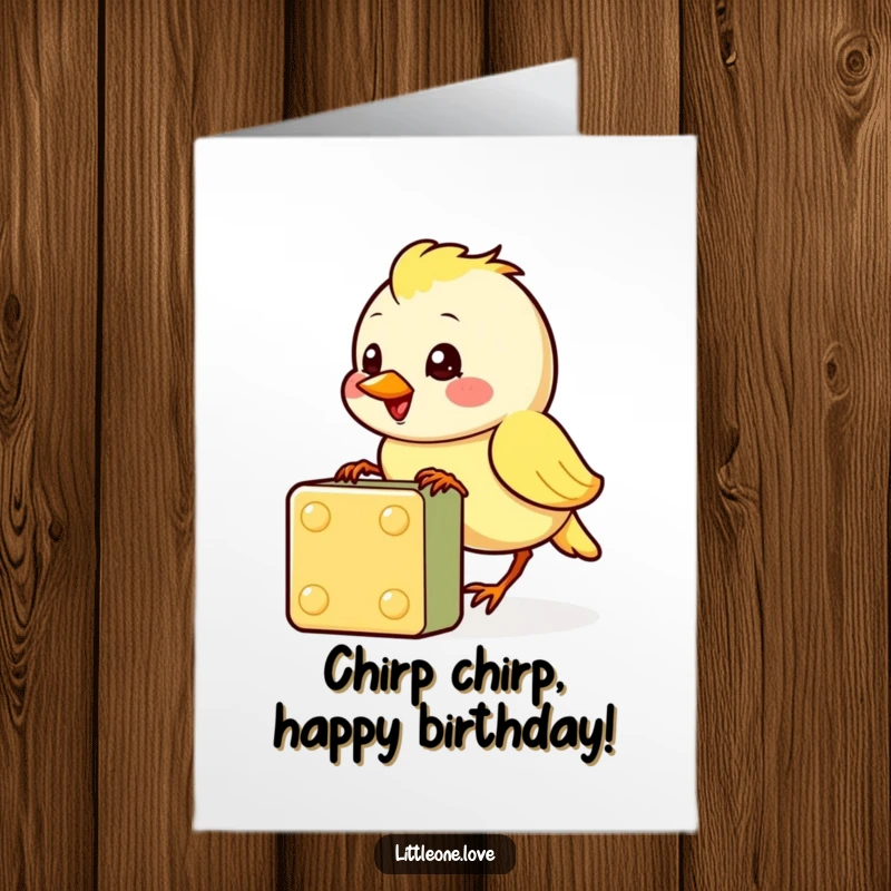 Funny free printable birthday card featuring a cheerful baby bird pecking at a colorful block, wishing happy birthday.