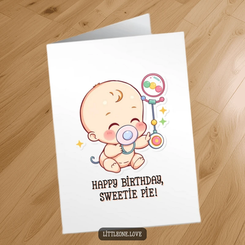 Free Printable Birthday Card of a little character wearing a pacifier, giggling happily while reaching for a colorful baby mobile.