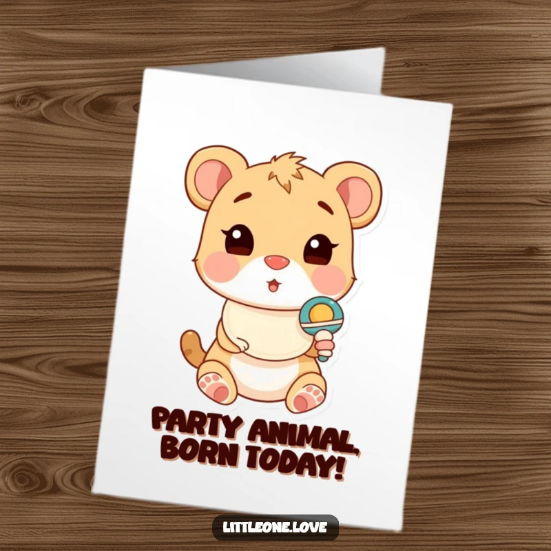 Funny Free Printable Birthday Card: A cute baby animal in a bib looks utterly surprised by a dangling rattle, evoking pure joy.
