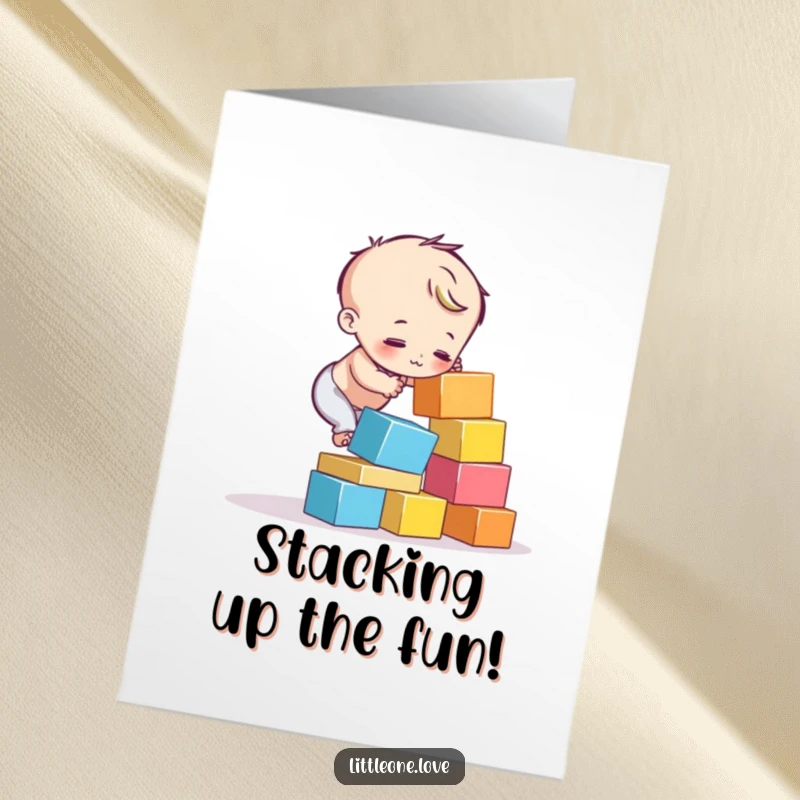 Funny Free Printable Birthday Card: Small child trying to stack blocks as they tumble down, hilarious birthday fun.