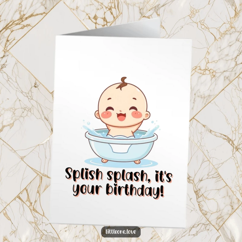 Funny Free Printable Birthday Card: A small, round baby in a diaper gleefully splashes water in a tiny tub, pure joy.