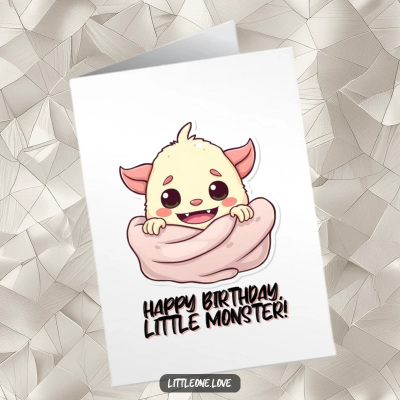 Funny Free Printable Birthday Card: A playful baby monster peeks mischievously from behind a soft blanket, ready to party.