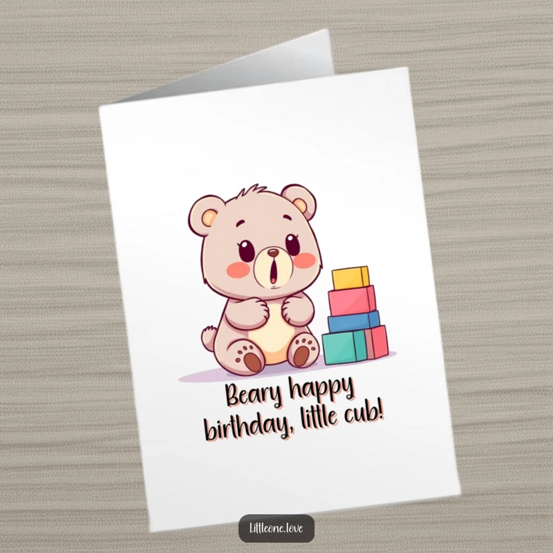 Funny Free Printable Birthday Card: Surprised baby bear peeking at a huge stack of colorful building blocks, eyes wide.