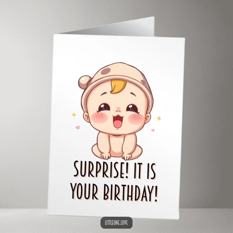 Funny Free Printable Birthday Card: A surprised baby in a tiny hat lets out a joyful squeal, celebrating a big day.