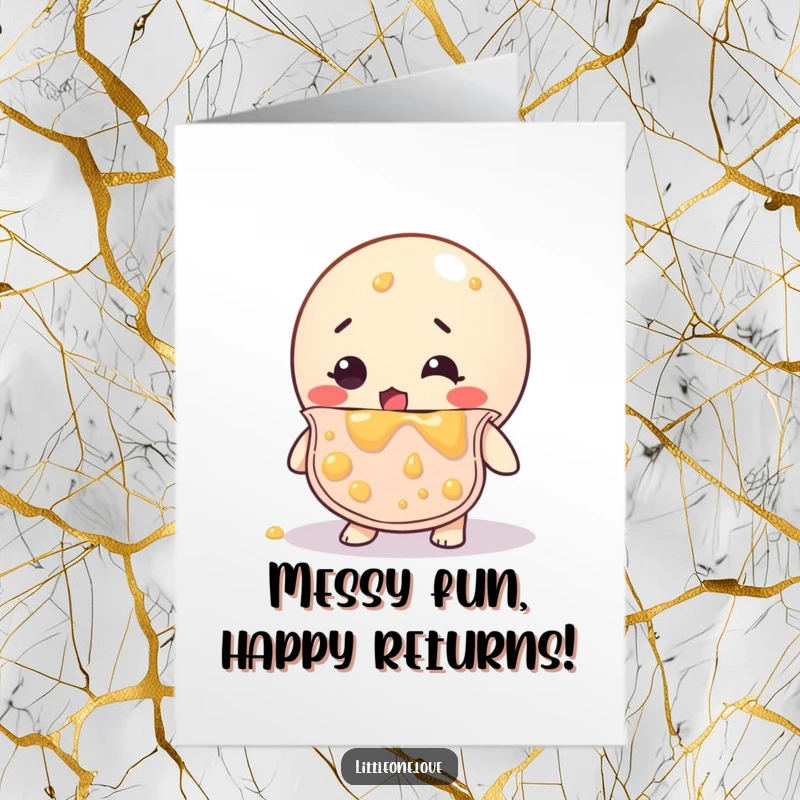Funny Free Printable Birthday Card: Bewildered rubber ball in bib, covered in baby food, ready for a messy celebration.