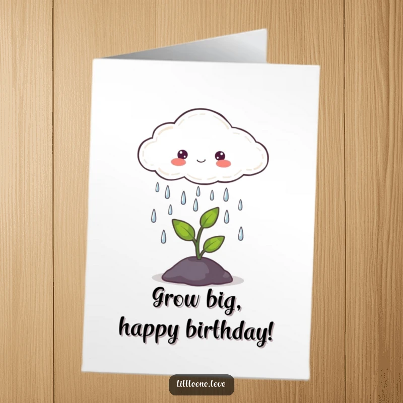 Sweet Free Printable Birthday Card: A gentle cloud dripping soft rain onto a small, hopeful green sprout.