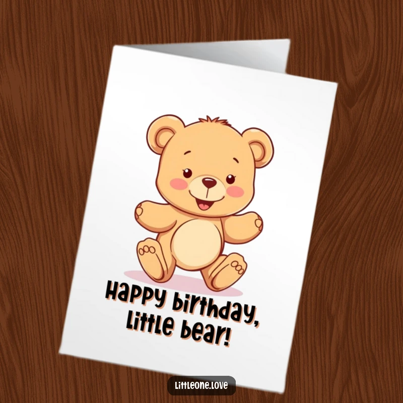Cute Free Printable Birthday Card: Happy teddy bear character taking its first wobbly steps, celebrating a birthday milestone.