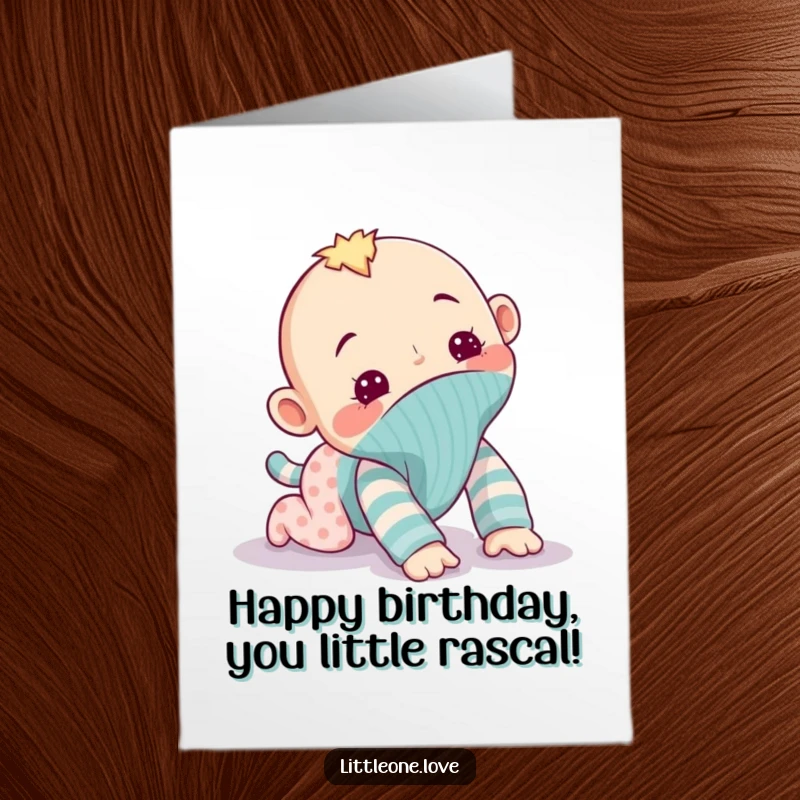 Funny Free Printable Birthday Card: Mischievous baby sock puppet hilariously attempting to crawl away, captured in a playful prank.