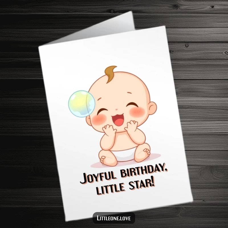 Free Printable Birthday Card of a delighted baby character with tiny hands clapping gleefully at a floating bubble.