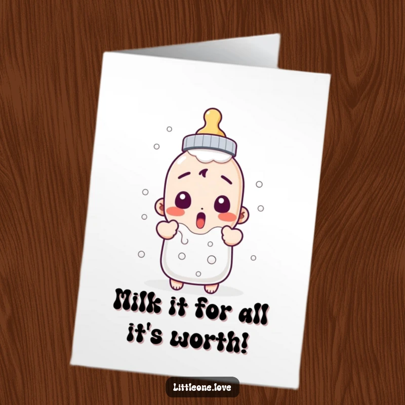 Funny free printable birthday card: a baby bottle character comically surprised, milk bubbling over its top.