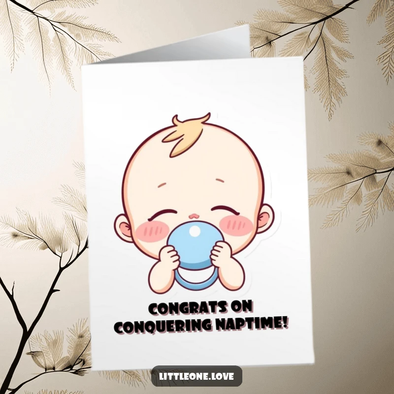 Funny Free Printable Congratulations Card: A sleepy baby with rosy cheeks holds a pacifier, celebrating good news calmly.