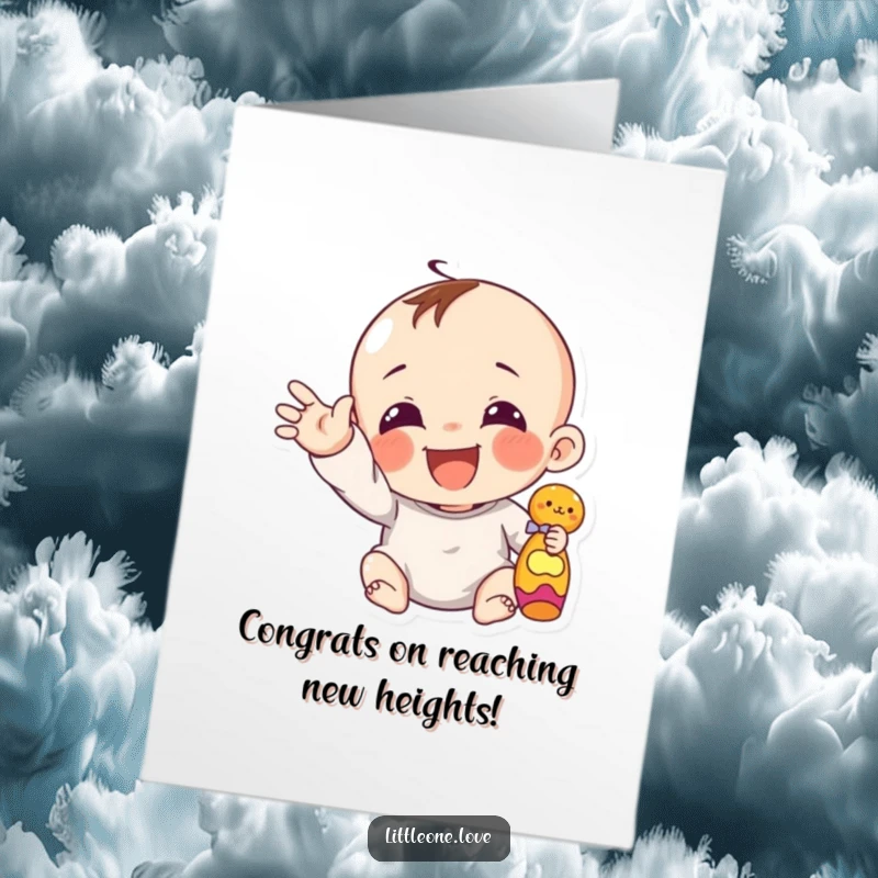 Funny Free Printable Congratulations Card: A giggling infant reaches out a chubby hand for a toy, celebrating big news.