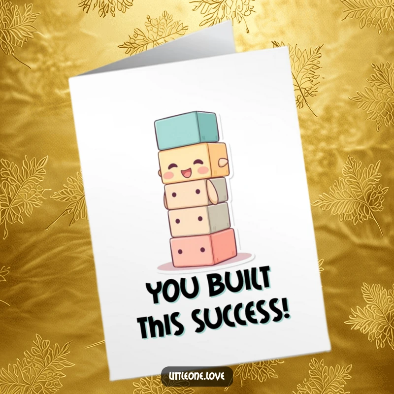 Funny free printable congratulations card: a baby block character stacking itself impressively high in celebration.