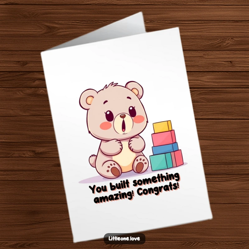 Funny Free Printable Congratulations Card: Baby bear looking astonished at a tall pile of building blocks, a sweet surprise.