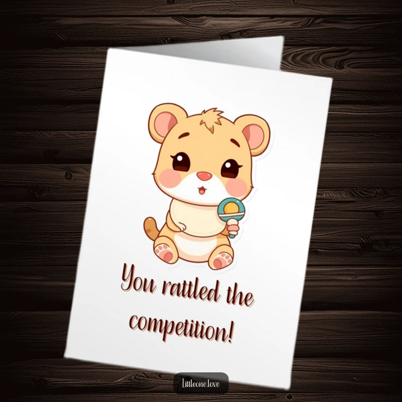 Funny Free Printable Congratulations Card: A bib-wearing baby animal shows a comical look of surprise when presented with a rattling toy.