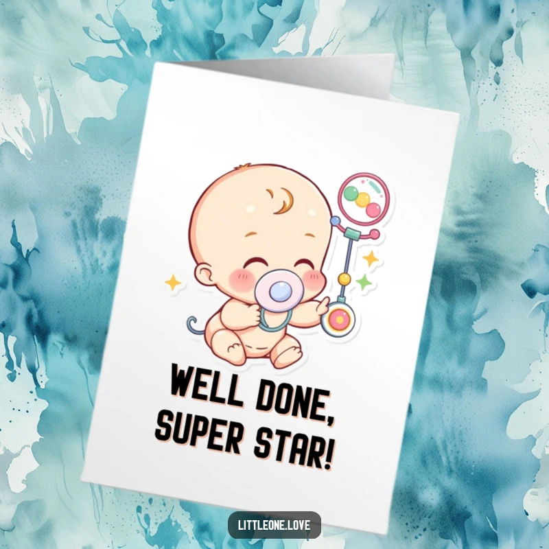 Free Printable Congratulations Card featuring a pacifier-wearing character giggling and reaching for a colorful mobile, celebrating happy news.