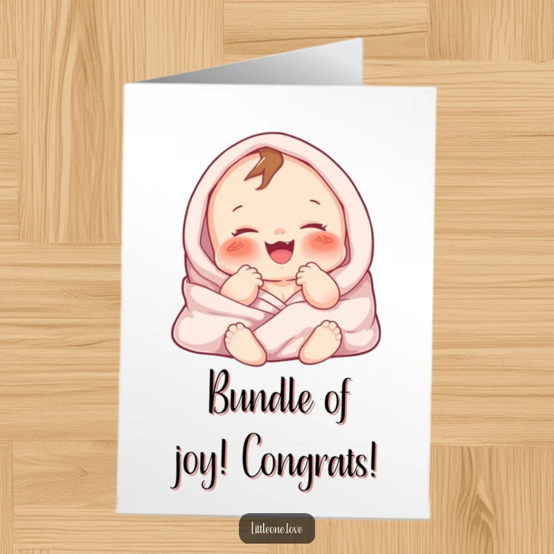 Funny Free Printable Congratulations Card: Chubby baby gurgling happily, snuggled in soft blankets, ideal for new baby or milestone congrats.